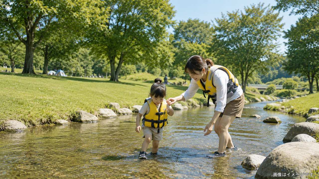 鬼怒川河川公園のような浅い小川と芝生広場で遊ぶ親子の実写写真風