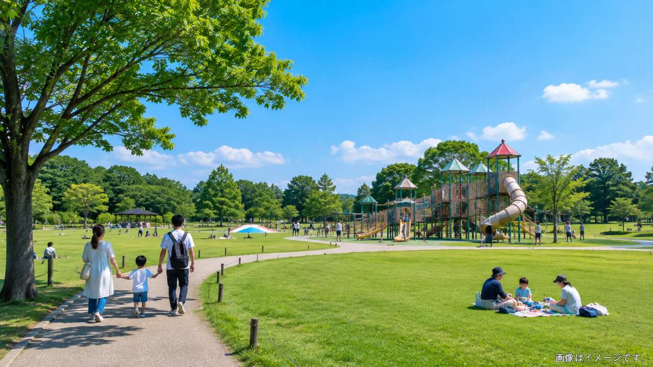 季節に合う服装で公園遊びを楽しむ親子