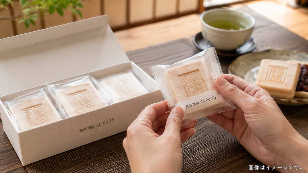 古印最中の賞味期限と保存方法を確認する様子