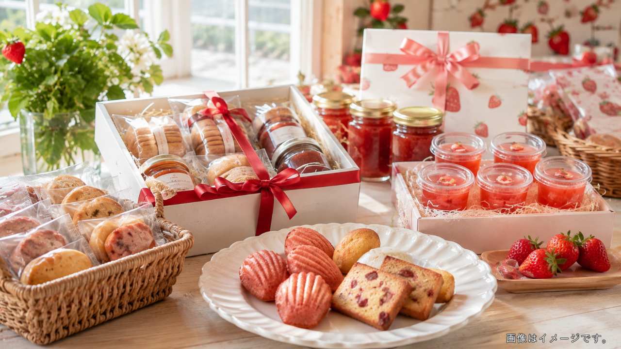 いちごの里のお土産として並ぶ焼き菓子やジャムのイメージ