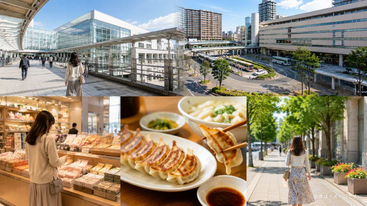 宇都宮駅周辺で焼き餃子や地元料理を楽しむ食卓と駅前の街並み