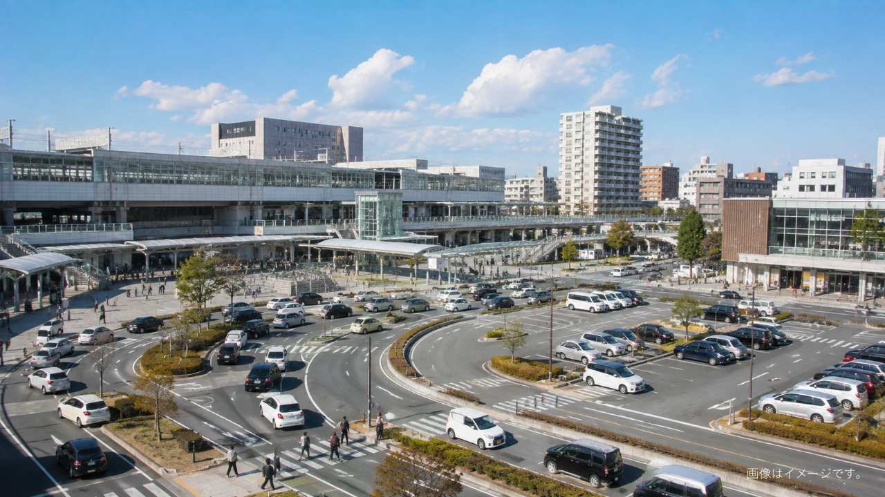 宇都宮駅東口と西口周辺の複数の駐車場を比較する駅前風景
