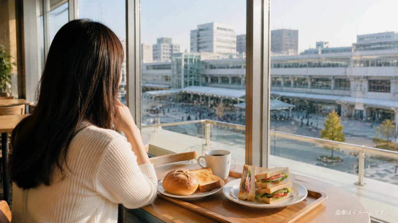 宇都宮駅の改札近くでコーヒーと軽食を取る朝の様子