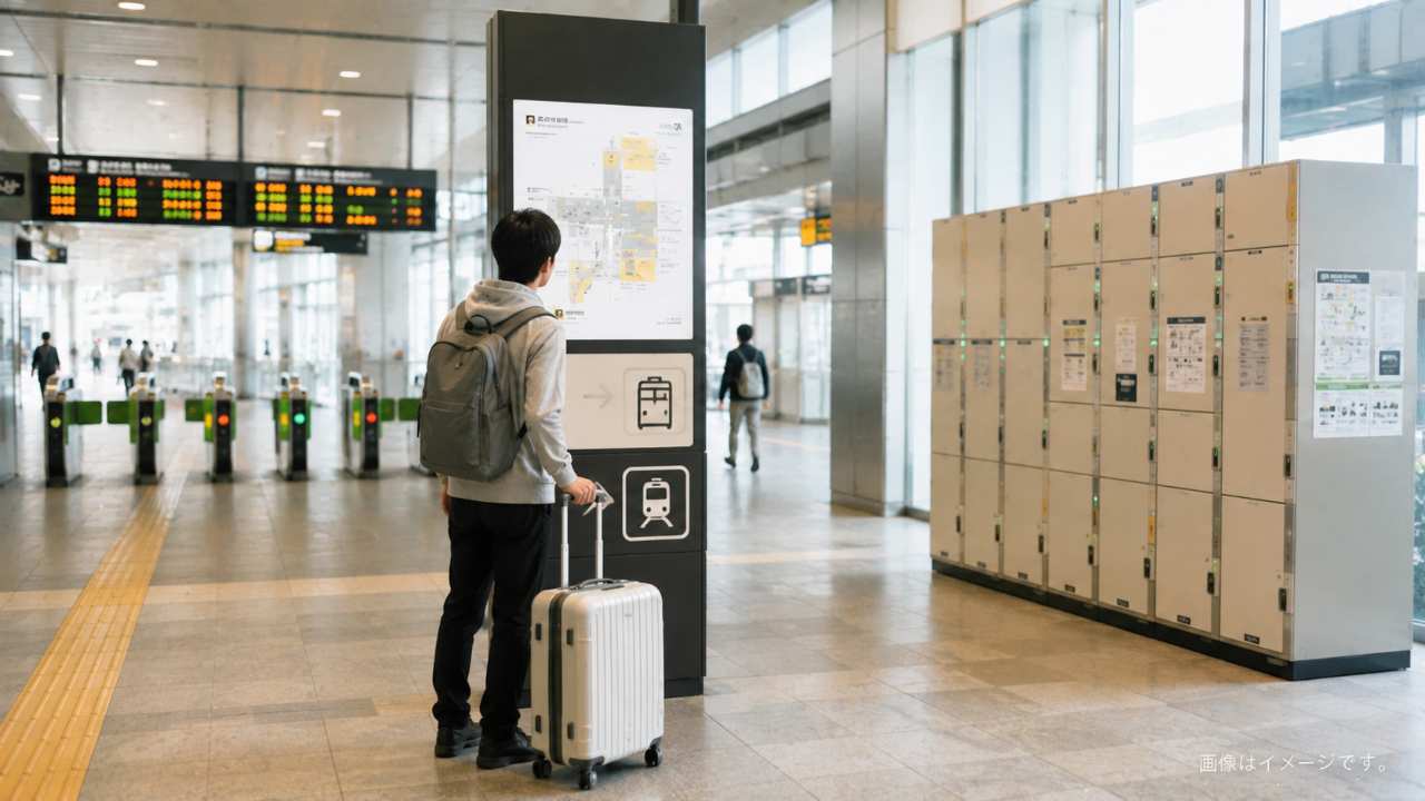 那須塩原駅の改札近くで旅行者がスーツケースとコインロッカーの場所を確認している様子