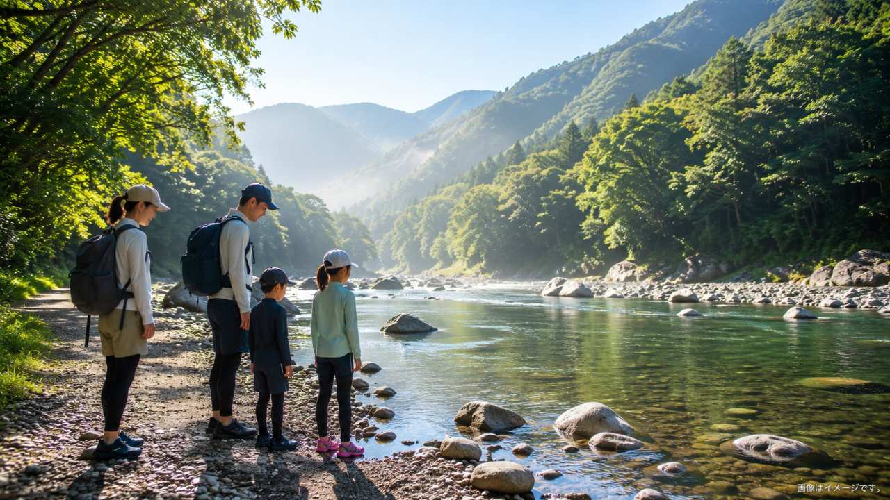 鬼怒川周辺の浅い沢とキャンプ場の水辺を見比べる家族の様子