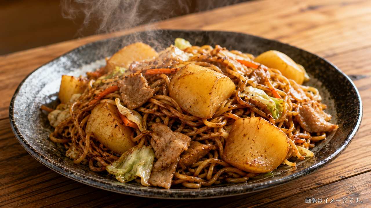 ソース焼きそばに大きめのじゃがいもが盛られた栃木のご当地グルメを食卓で楽しむ構図