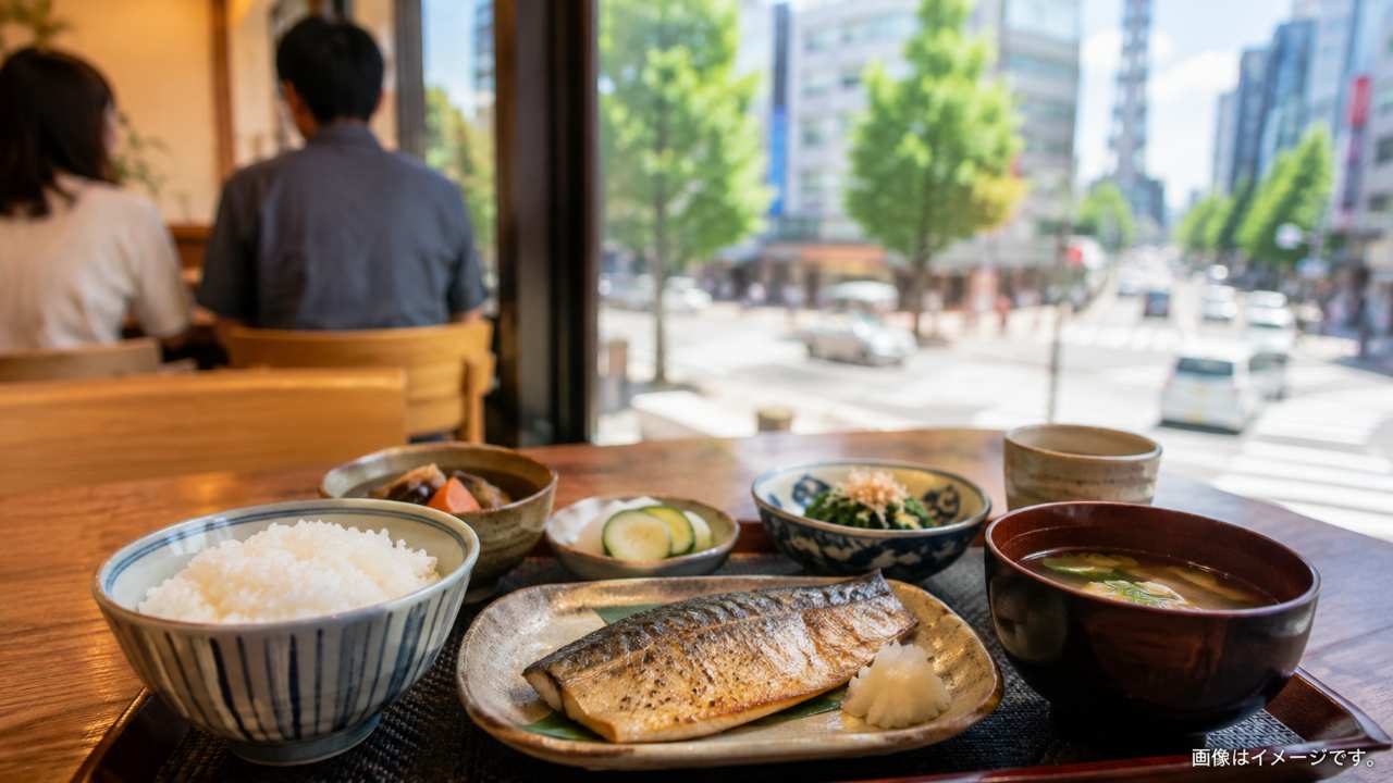 昔ながらの宇都宮の大衆食堂で主菜とご飯と汁物が並ぶ定食