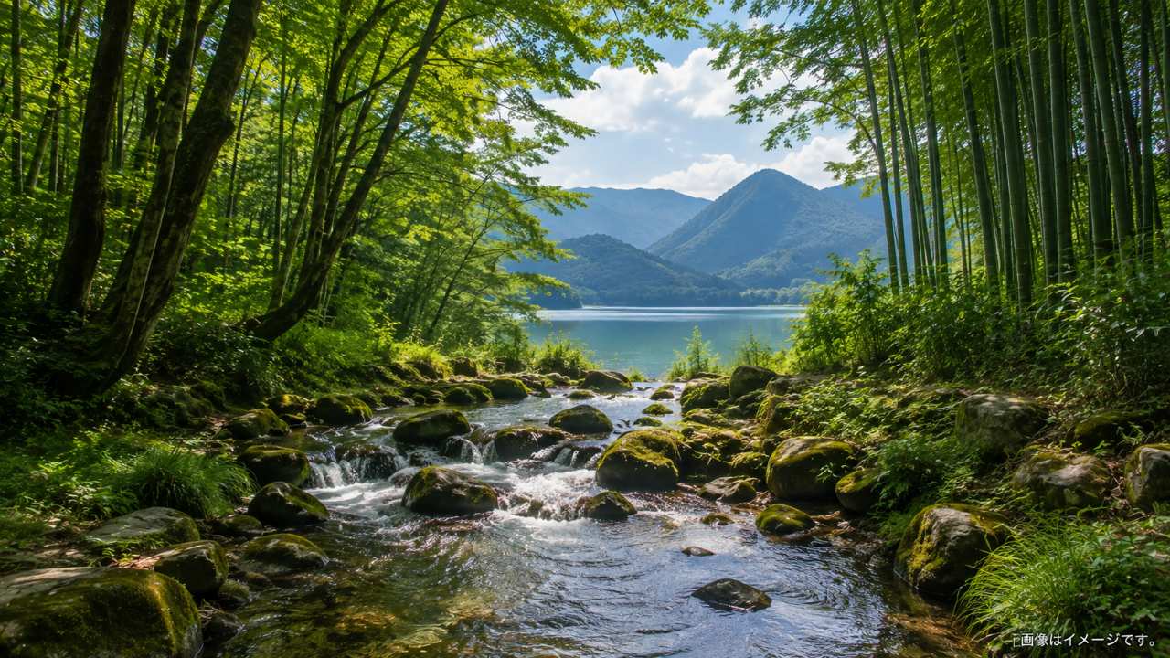 尚仁沢湧水や半月山、竹林など栃木の穴場スポットを組み合わせた風景