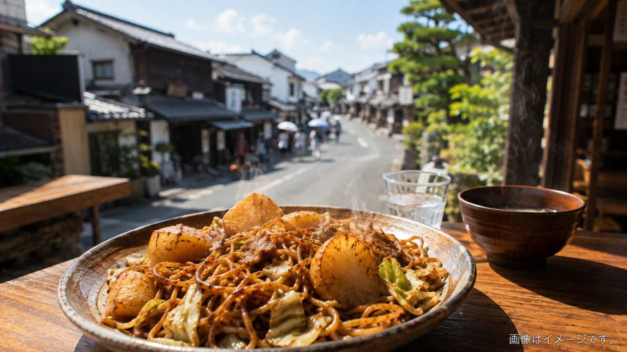 ソースが絡んだ焼きそばとほくほくのじゃがいもを近くから見た構図