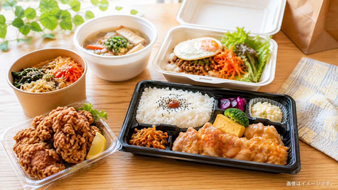 小山市のテイクアウト候補をイメージした弁当や唐揚げ、惣菜が食卓に並ぶ構図