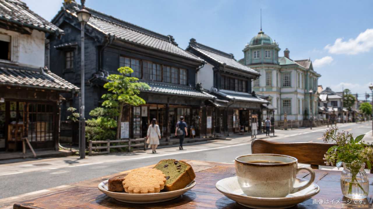 歴史ある建物の外観と落ち着いたカフェ席が見える栃木市の蔵の街