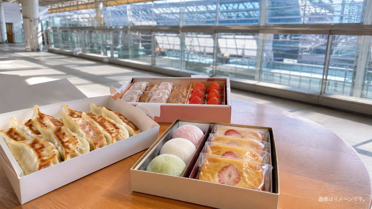 宇都宮駅を背景に餃子といちご菓子、和菓子を並べた栃木土産のイメージ
