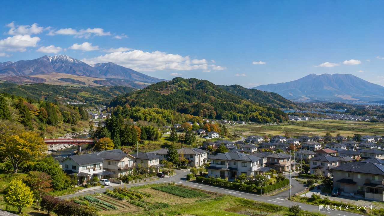 栃木県の街並みと緑豊かな自然を背景に、移住後の暮らしを思い描く家族が立つ風景