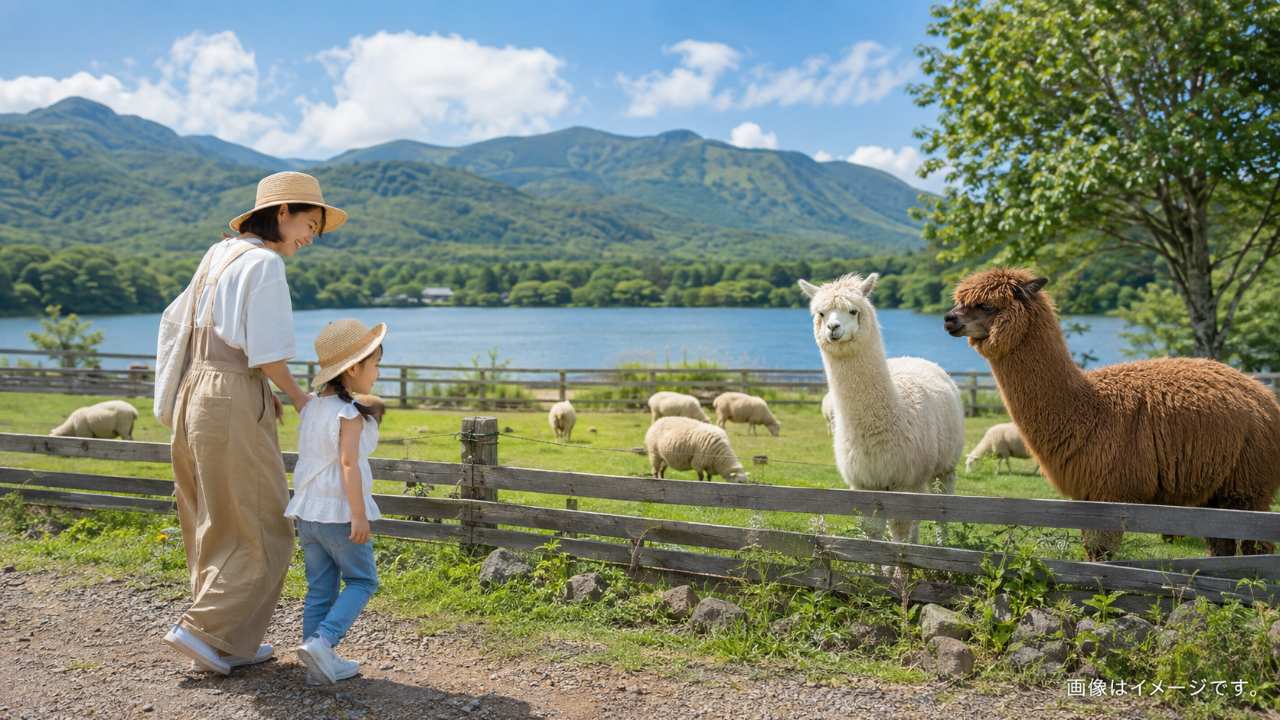 那須高原の湖畔に広がる牧場で、親子がアルパカや羊を眺めながら笑顔で歩く様子