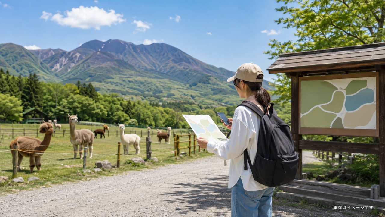 那須高原の牧場入口付近で案内を確認する旅行者と、奥に見えるアルパカの群れを写した実写写真風