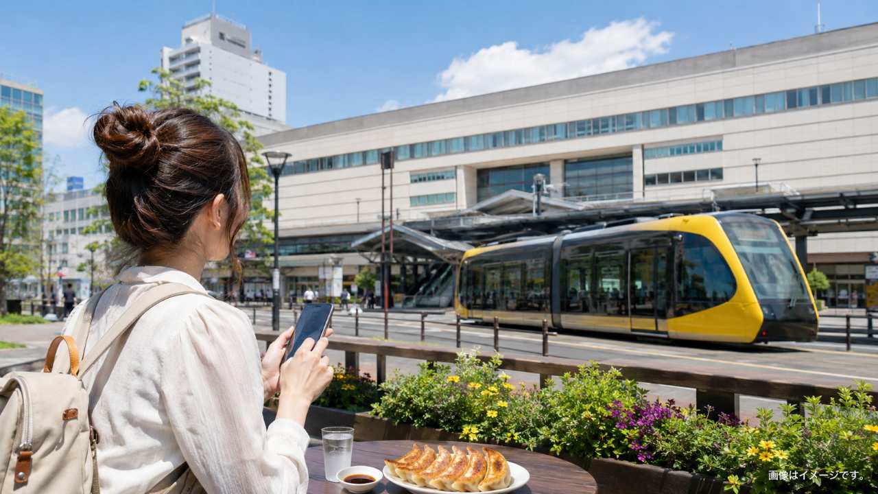 JR宇都宮駅の東口と西口を見渡せる構図で、旅行者が腕時計と地図を確認する自然な実写写真風