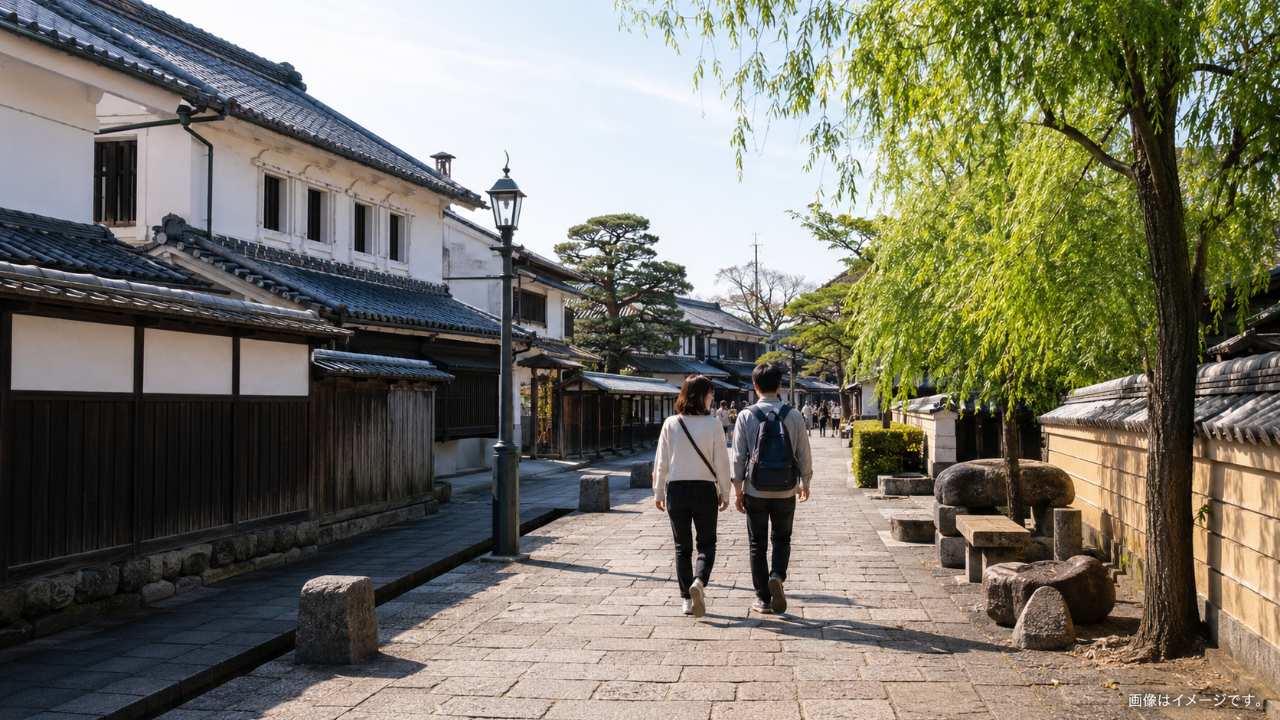 足利学校周辺の歴史的な街並みを歩き、昼食へ向かう旅行者を描いた実写写真風