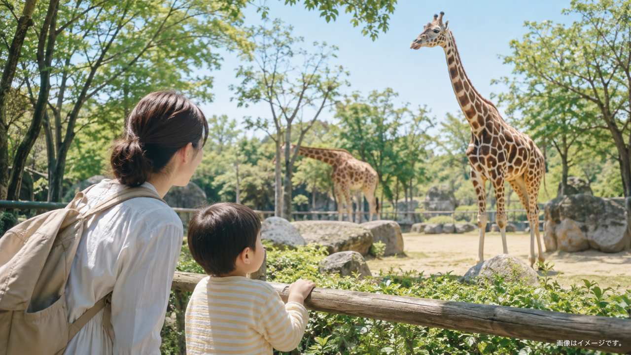 キリンなどの草食動物を安全な距離から親子が観察している実写写真風