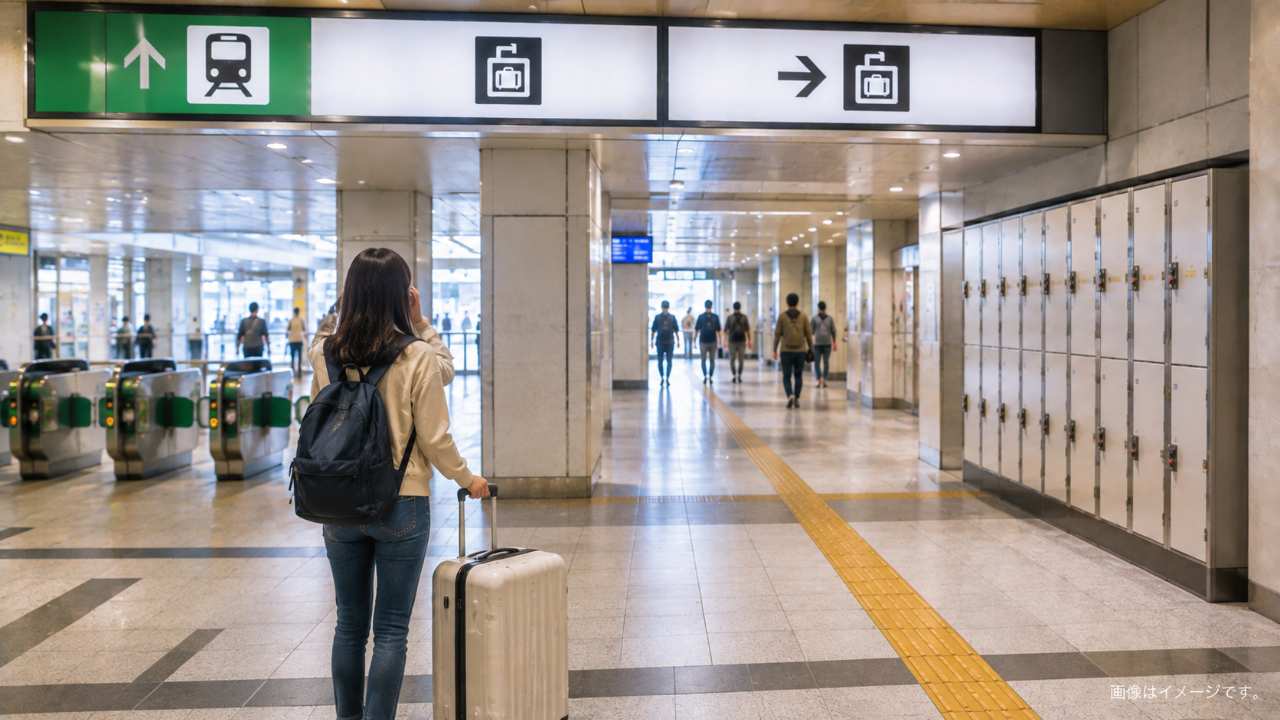 宇都宮駅構内の案内表示を見ながらコインロッカーを探す旅行者とスーツケース