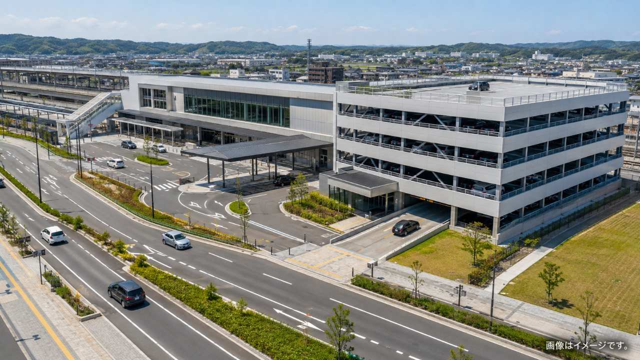 駅ビル直営駐車場と周辺道路の位置関係が分かる俯瞰気味の実写写真風