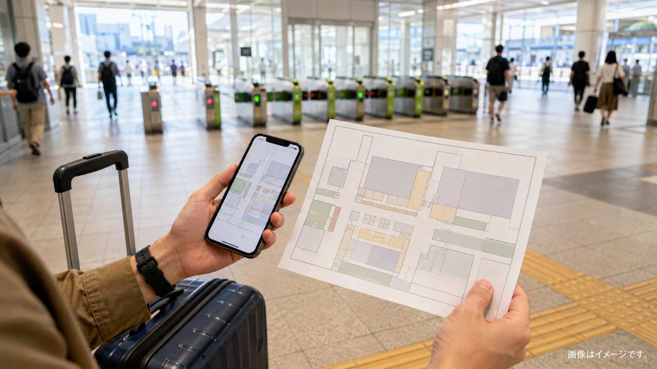 宇都宮駅の改札周辺と東西出口を背景に、昼飲みの店を比較検討する旅行者の手元と案内図を写した実写写真風